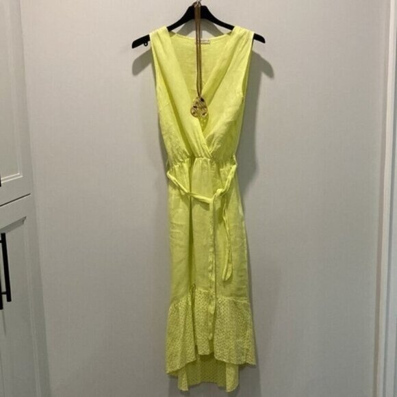 Via Signora Neon Yellow Linen Maxi Dress Medium fit - Picture 14 of 16